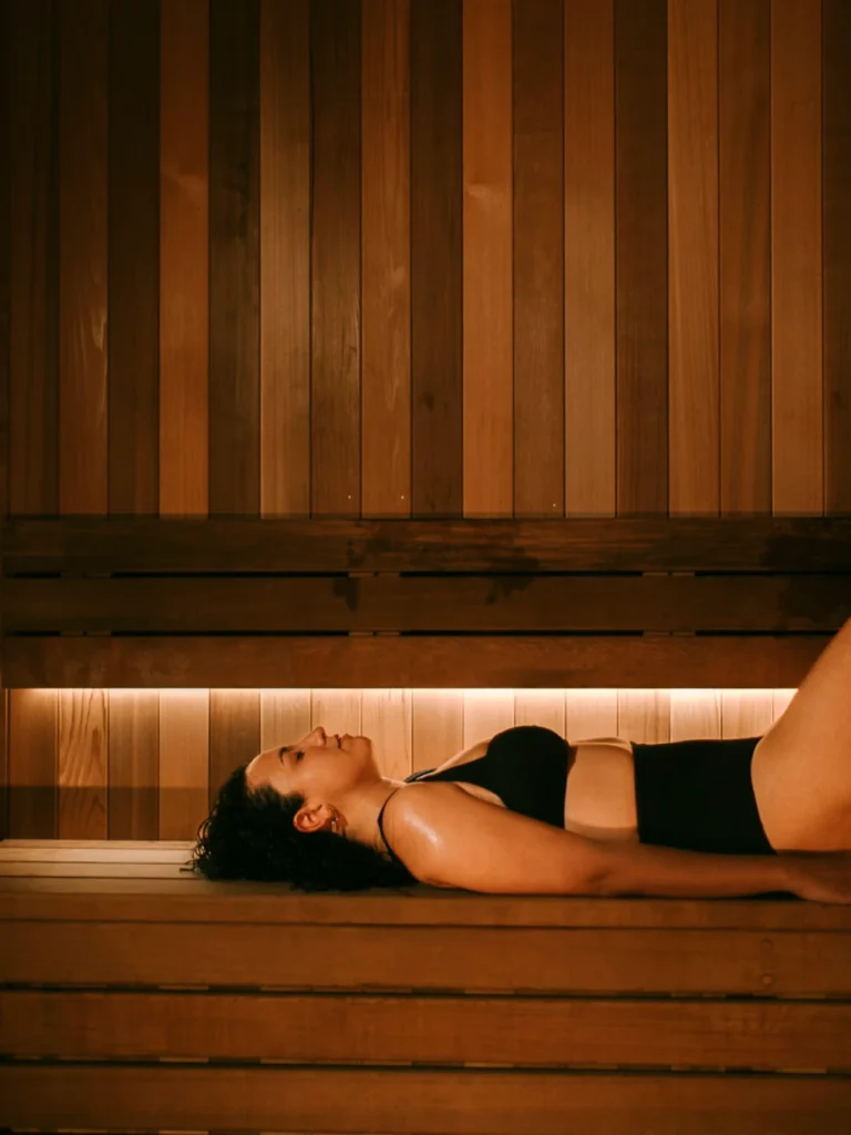 woman lounges in hot nordic sauna at Aurora Spa Bathhouse.